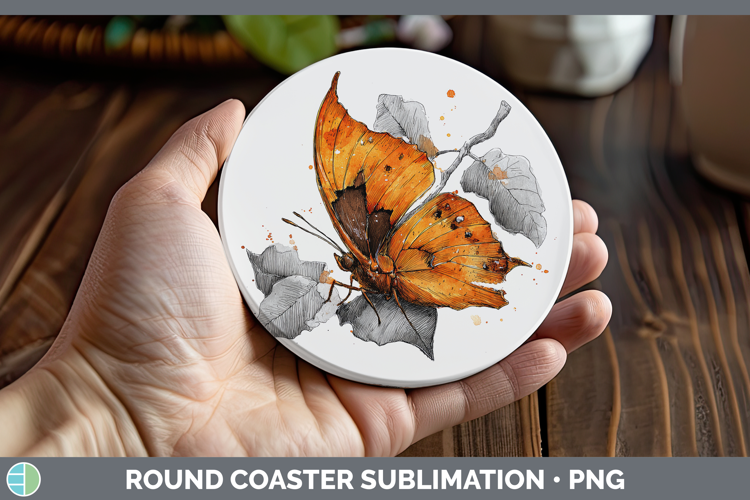 Orange Dead Leaf Butterflies Sketch Round Coaster Sublimatio