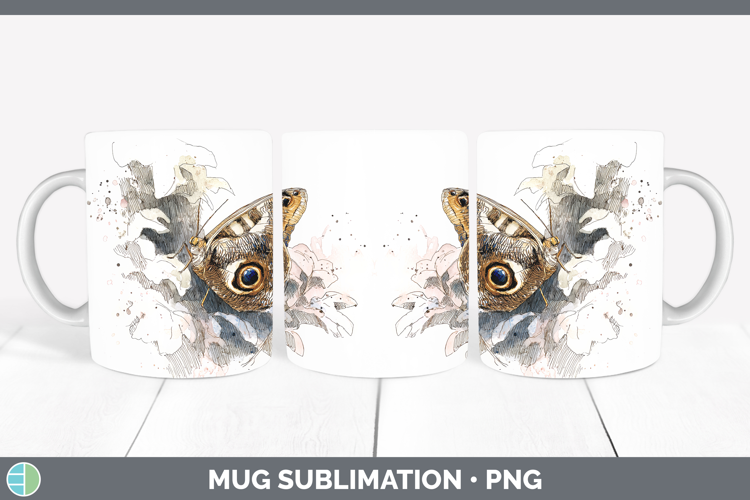 Owl Butterflies Sketch Mug Wrap Sublimation Design