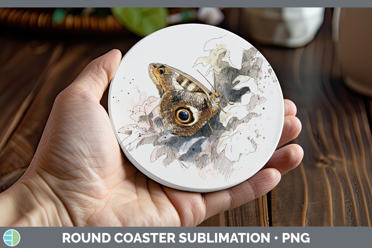 Owl Butterflies Sketch Round Coaster Sublimation Design