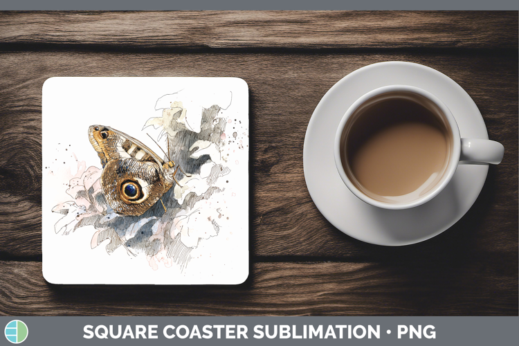 Owl Butterflies Sketch Square Coaster Sublimation Design