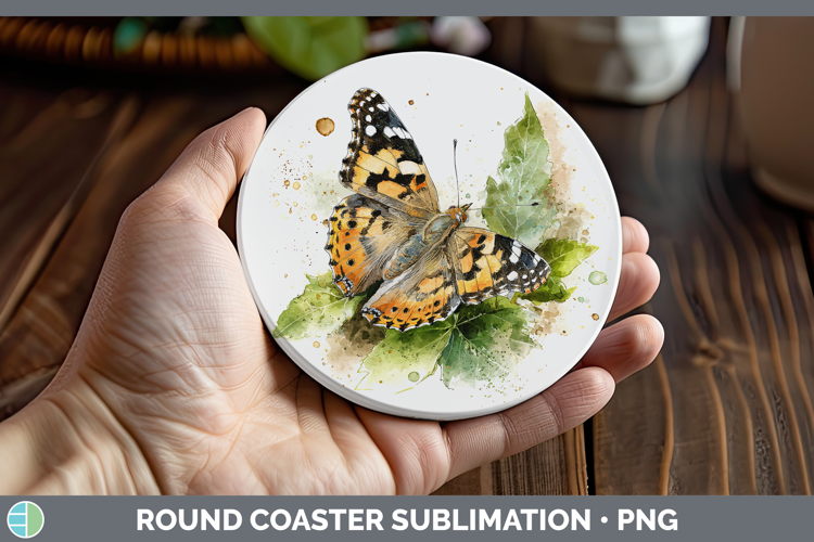 Painted Lady Butterflies Sketch Round Coaster Sublimation De