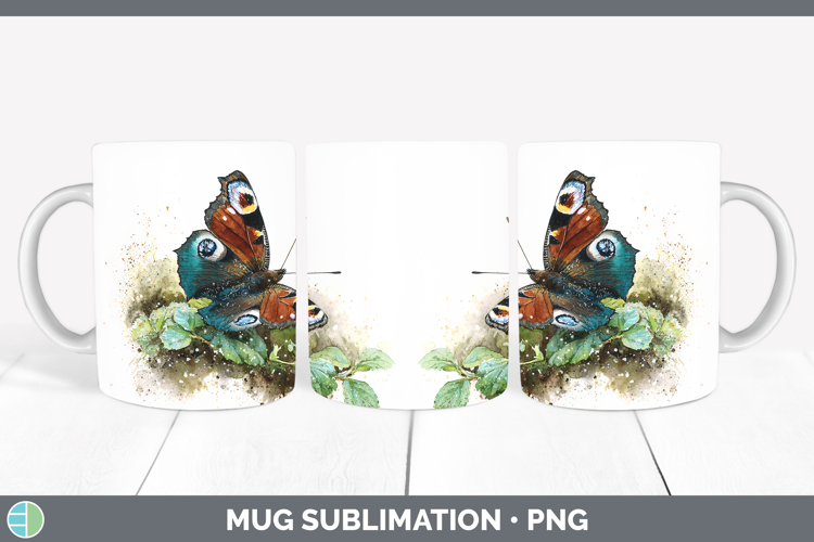 Peacock Butterflies Sketch Mug Wrap Sublimation Design