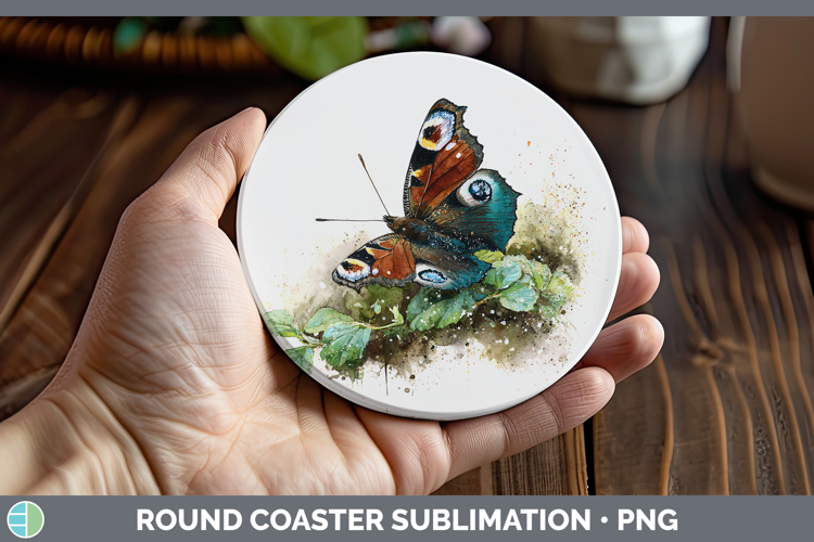 Peacock Butterflies Sketch Round Coaster Sublimation Design