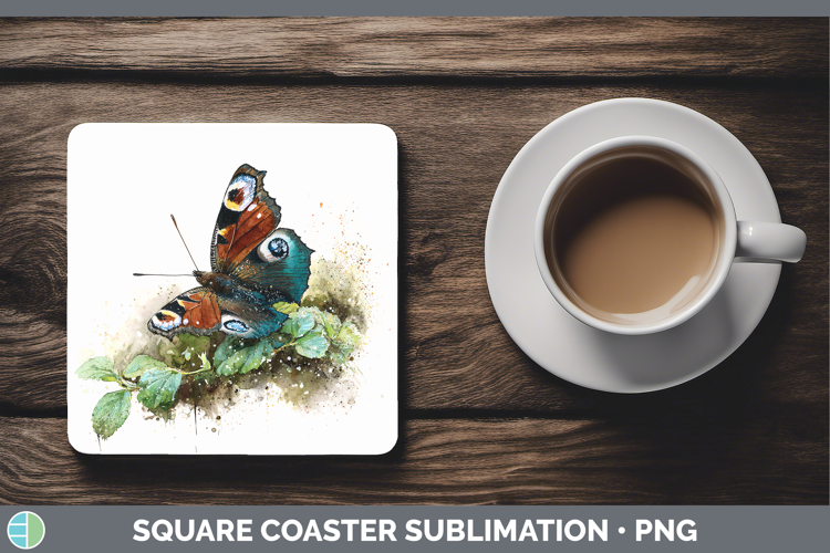 Peacock Butterflies Sketch Square Coaster Sublimation Design