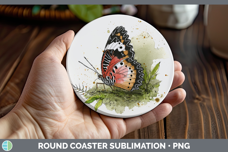 Red Lacewing Butterflies Sketch Round Coaster Sublimation De