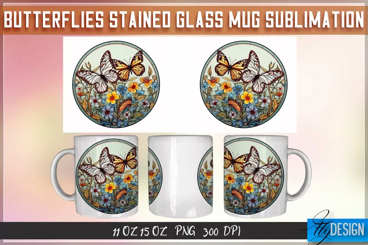 Butterfly Stained Glass Mug Wrap Sublimation Design | Coffee