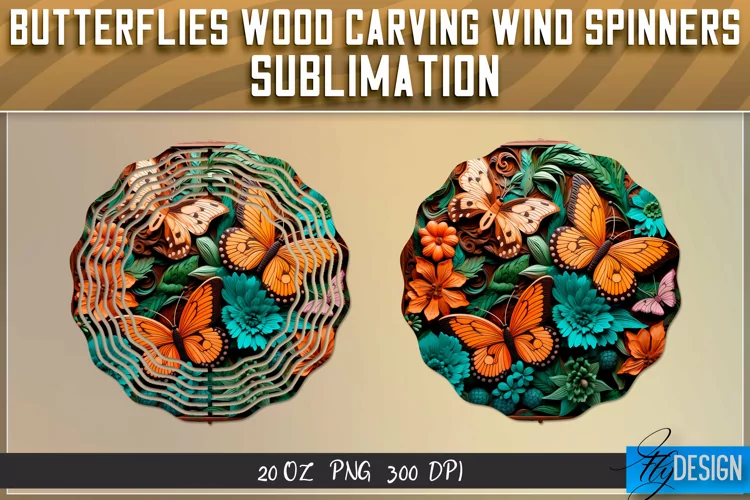 Butterfly Wood Carving Effect Wind Spinners Sublimation