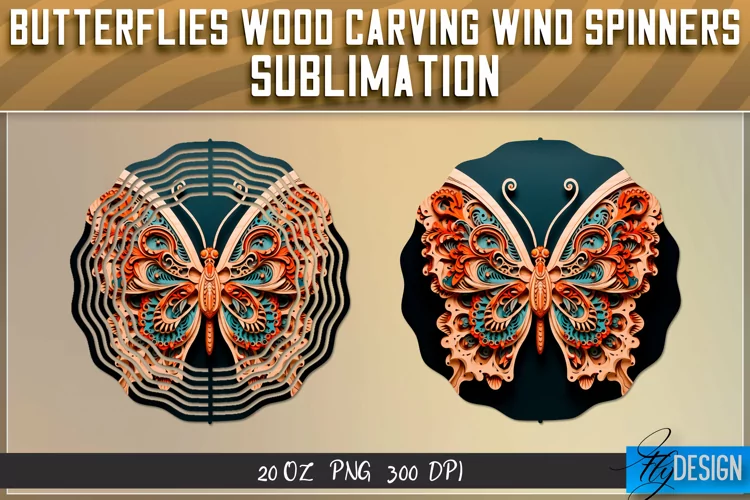 Butterfly Wood Carving Effect Wind Spinners Sublimation