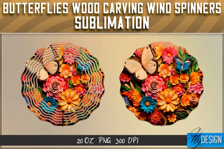 Butterfly Wood Carving Effect Wind Spinners Sublimation