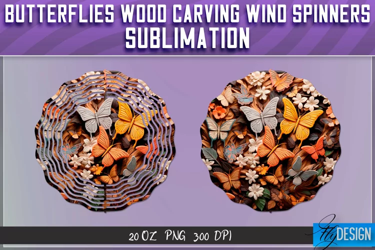 Butterfly Wood Carving Effect Wind Spinners Sublimation