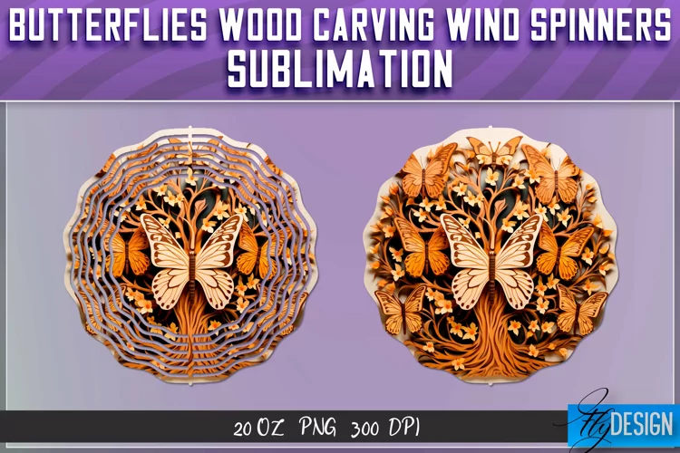 Butterfly Wood Carving Effect Wind Spinners Sublimation