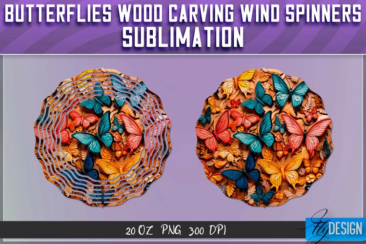 Butterfly Wood Carving Effect Wind Spinners Sublimation
