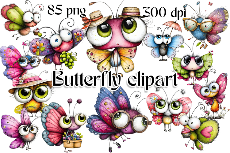 Kawaii Butterfly with Big Eyes watercolor Clipart