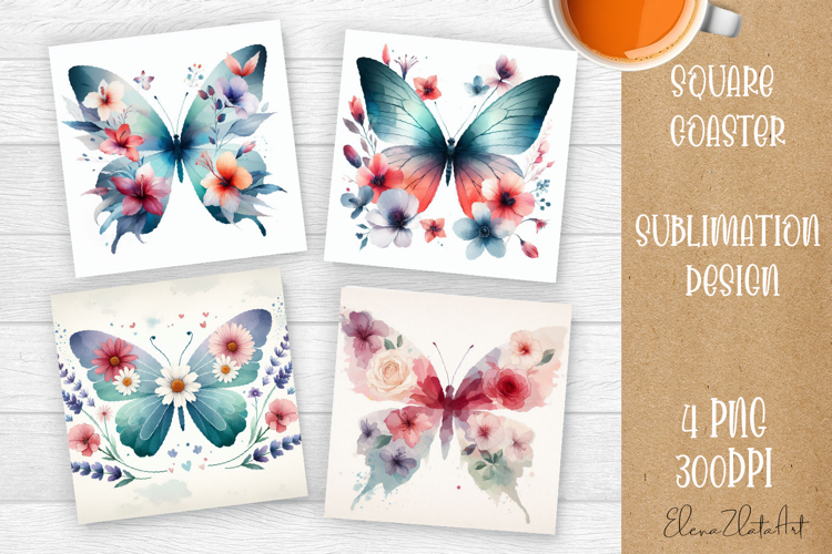 Butterfly square coaster sublimation | Butterfly coaster PNG