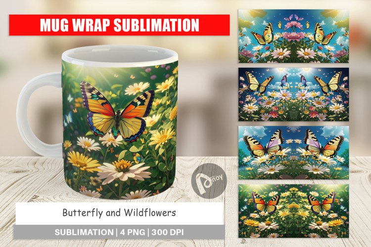 Mug Wrap Design Butterfly and Wildflowers
