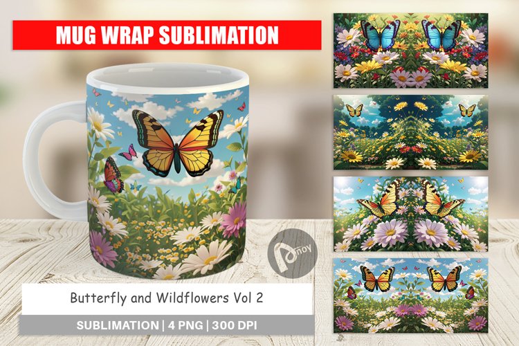 Mug Wrap Design Butterfly and Wildflowers