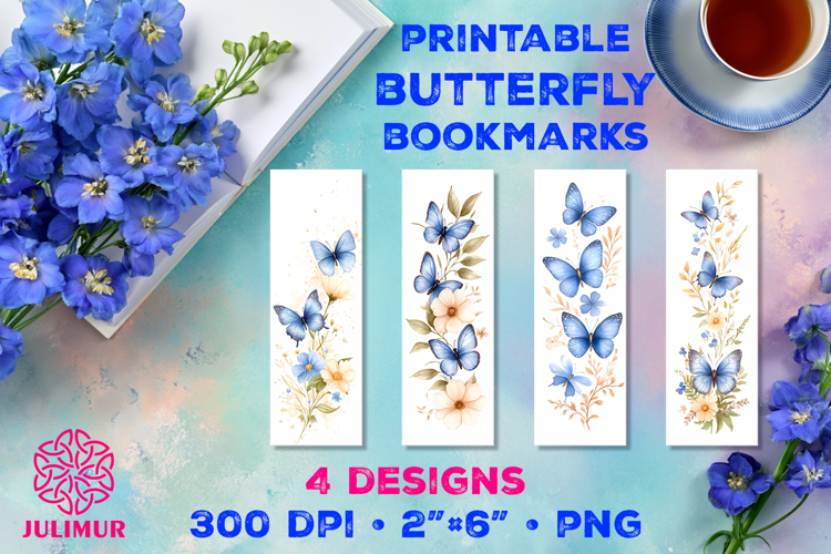 Printable Watercolor Blue Butterfly Bookmarks