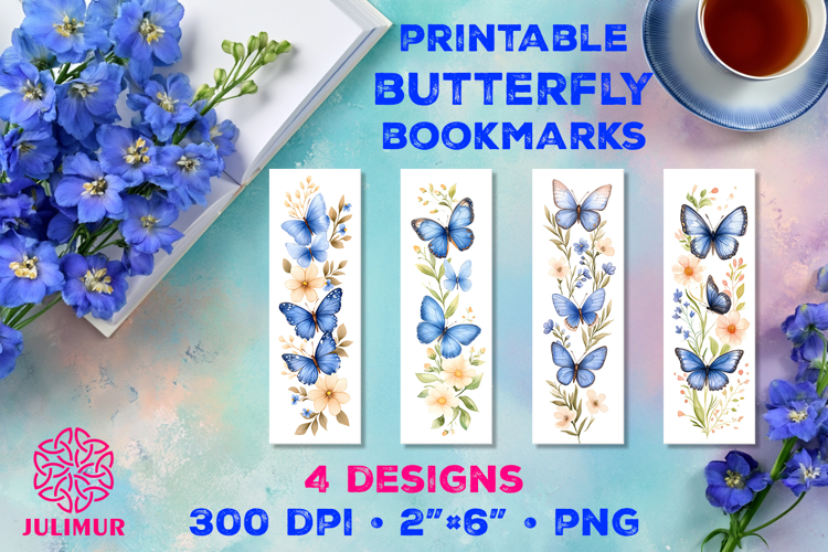 Printable Watercolor Blue Butterfly Bookmarks