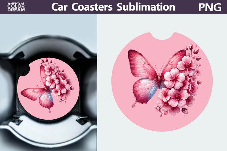 Butterfly Floral Car Coaster | Butterfly Flower Sublimation