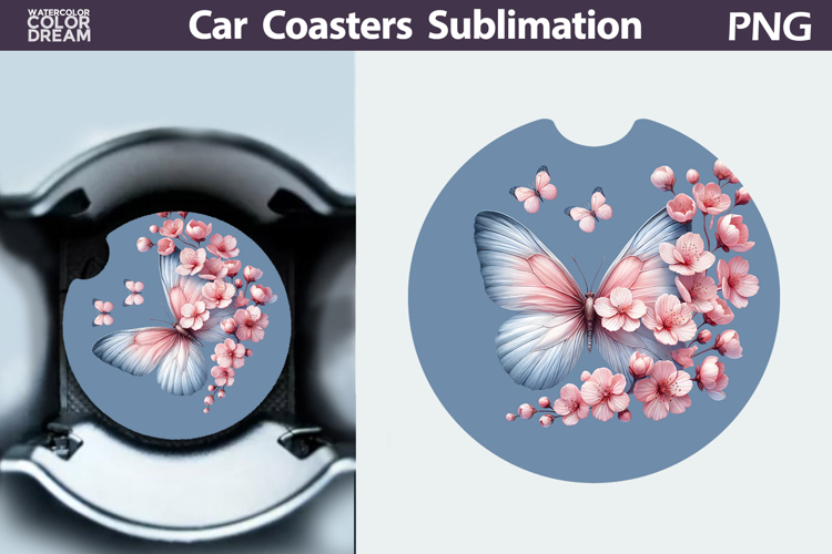 Butterfly Floral Car Coaster | Butterfly Flower Sublimation