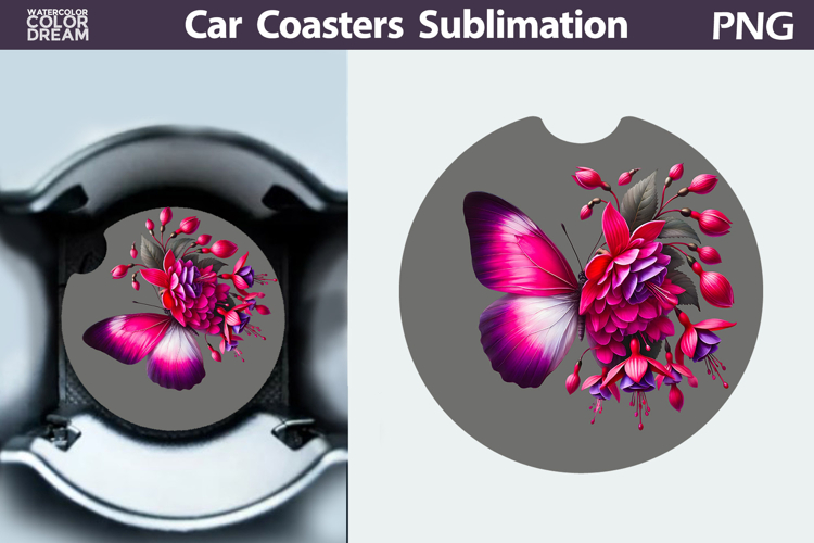 Butterfly Floral Car Coaster | Butterfly Flower Sublimation
