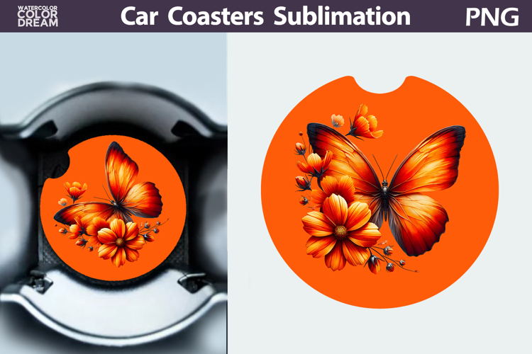 Butterfly Floral Car Coaster | Butterfly Flower Sublimation