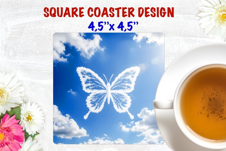 Butterfly coaster sublimation, blue sky square coaster PNG