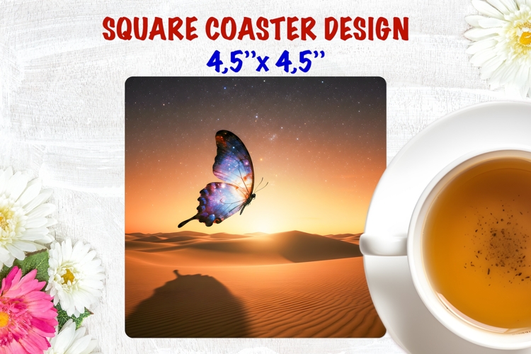 Butterfly square coaster sublimation, fantasy nature desert