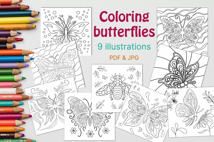 Butterflies Coloring Book. 9 illustrations