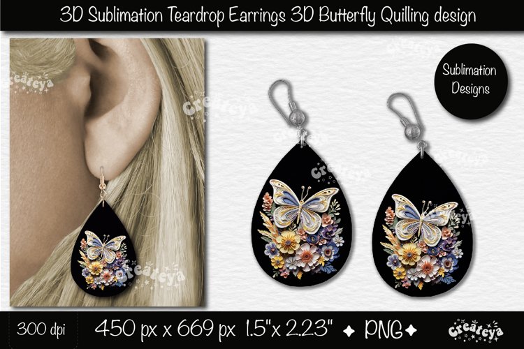 3D Earrings Sublimation 3D butterfly Teardrop earrings png example image 1