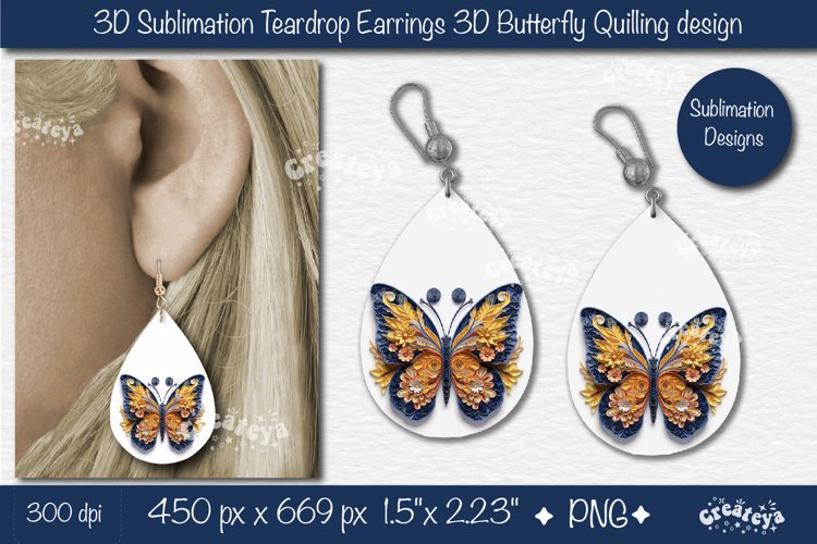 3D Earrings Sublimation 3D butterfly Teardrop earrings png example image 1