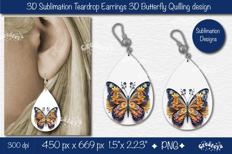 3D Earrings Sublimation 3D butterfly Teardrop earrings png