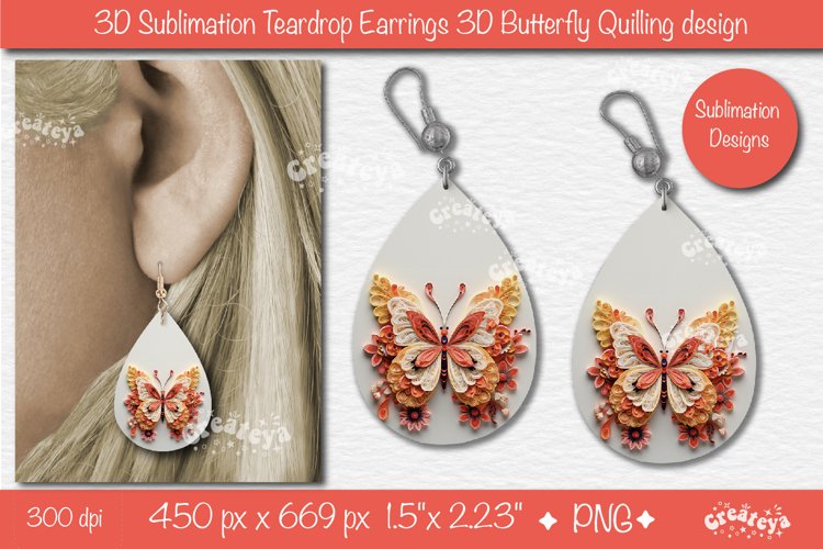 3D Earrings Sublimation 3D butterfly Teardrop earrings png