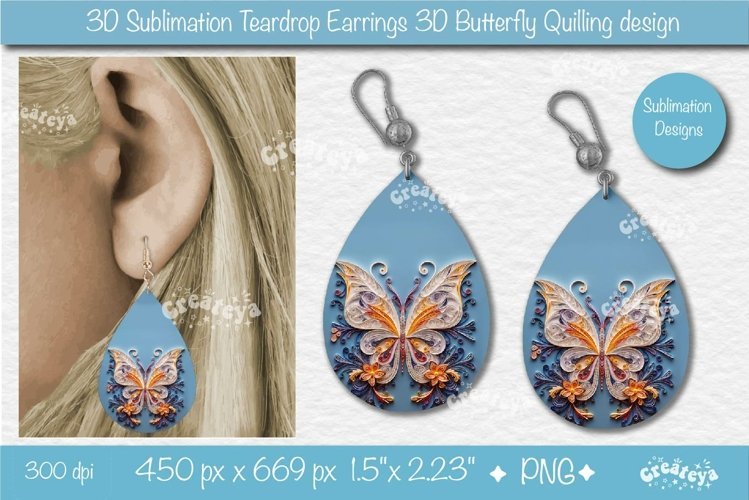 3D Earrings Sublimation 3D butterfly Teardrop earrings png