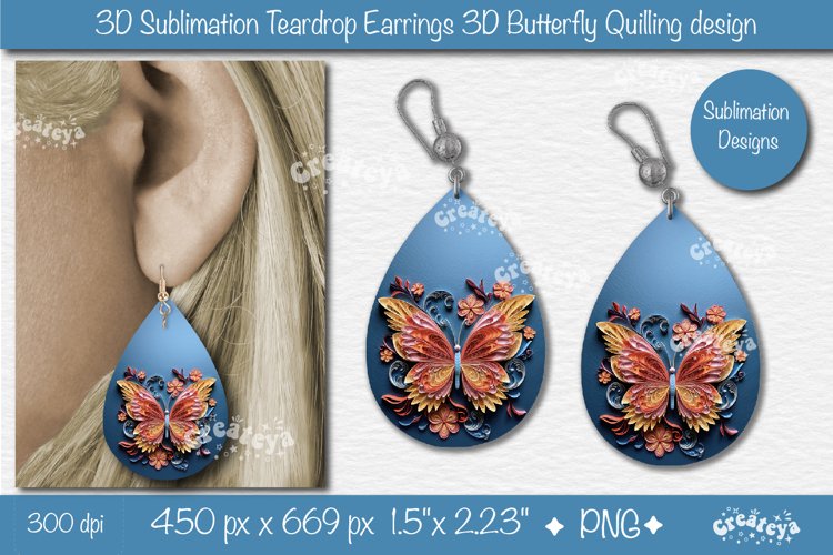 3D Earrings Sublimation 3D butterfly Teardrop earrings png