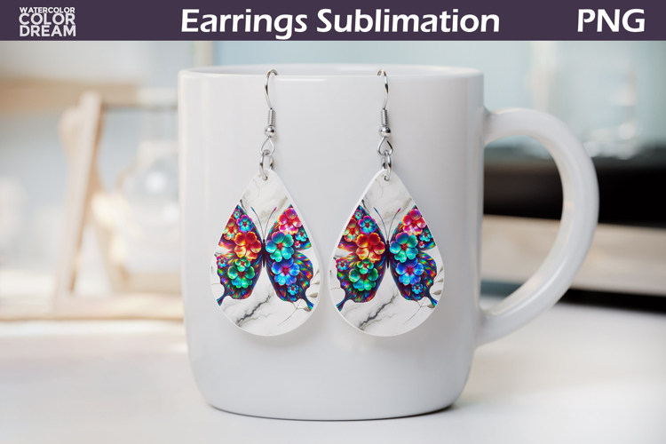 Rainbow Bloom Butterfly Earrings | Teardrop Sublimation PNG