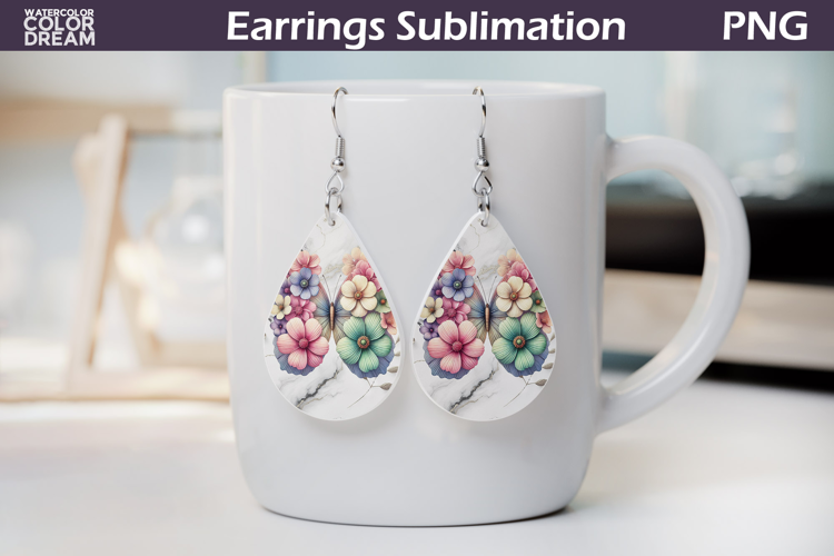 Vintage Floral Butterfly Earrings | Teardrop Sublimation PNG