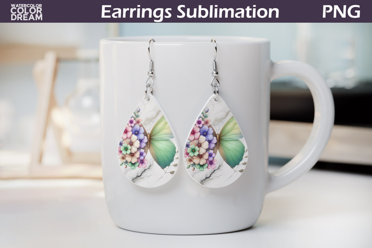 Green Butterfly Earrings | Pastel Floral Teardrop PNG example image 1