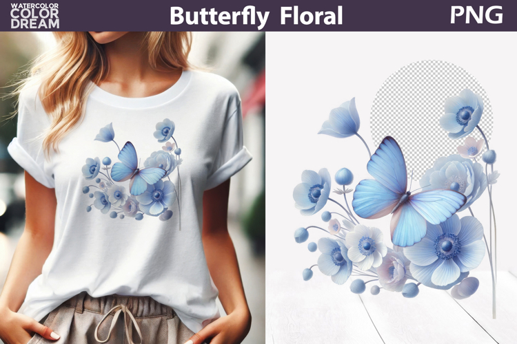 Pastel Blue Butterfly Floral Clipart | Botanical Butterfly