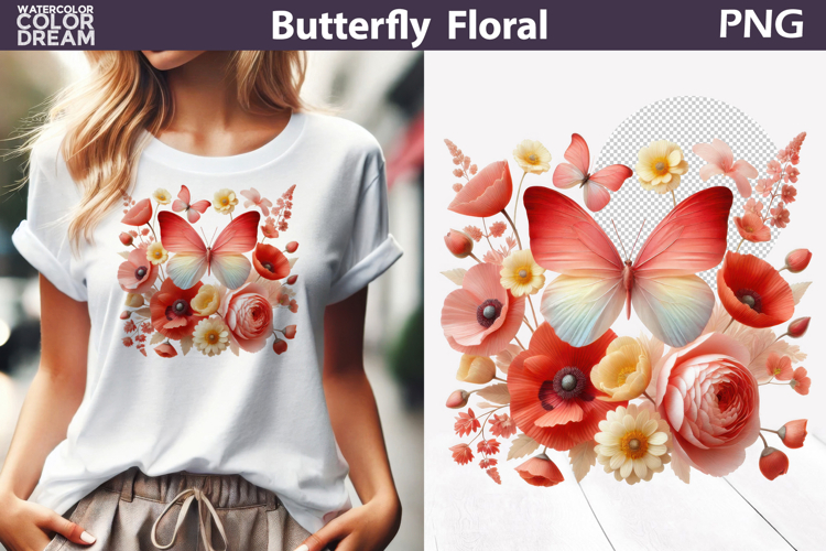 Pink Mint Butterfly Floral Clipart | Botanical Butterfly