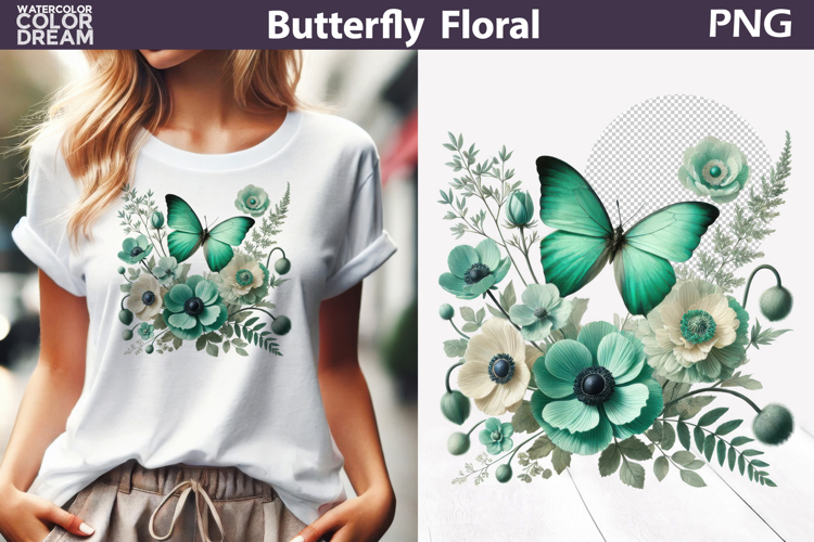 Pink Mint Butterfly Floral Clipart | Botanical Butterfly