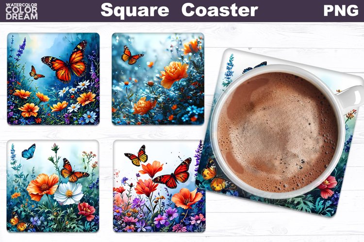 3D Flowers Butterfly Square Coaster | Floral Square Coaster example image 1