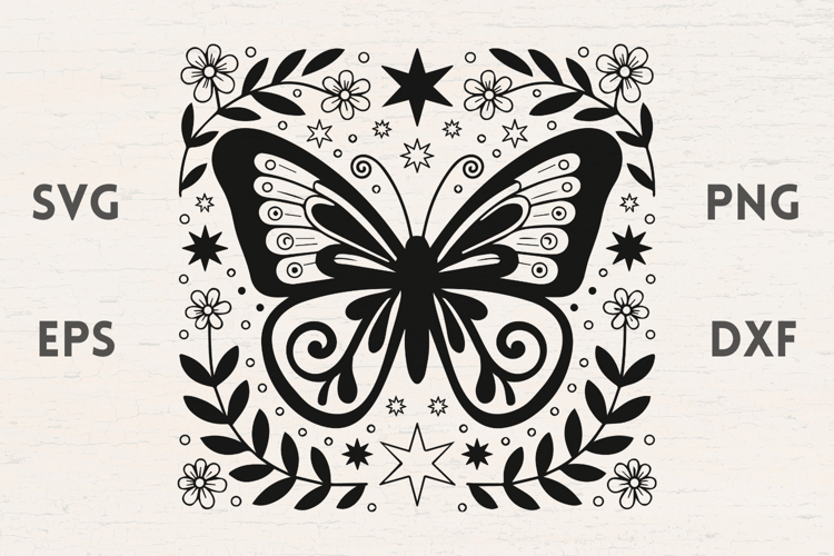 Floral Butterfly illustration with Flowers and stars SVG