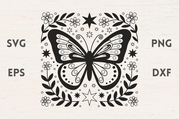 Butterfly illustration with Flowers and Stars SVG