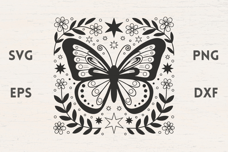 Butterfly illustration with Star flowers and leaves