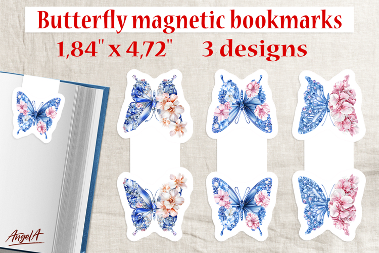 Floral butterfly magnetic bookmark Chinoiserie blue and pink