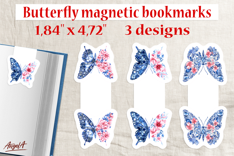 Chinoiserie blue and pink Floral butterfly magnetic bookmark