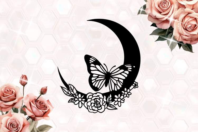 Butterfly Moon and Flowers SVG