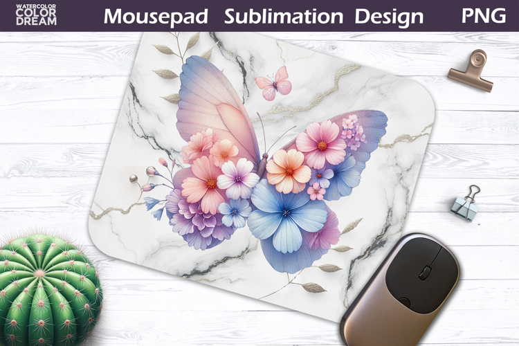 Butterfly Floral Mousepad | Pastel Pink Blue Butterfly