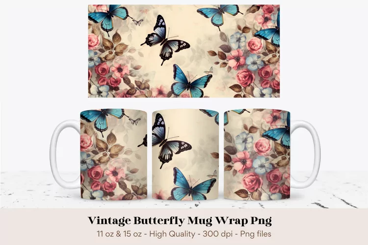 Butterfly Mug Wrap Png | Vintage Butterfly Sublimation Mug